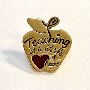 Vintage Pin Teaching Is A Work Of Heart Apple Brooch Lapel Hat Pin Gold Tone Red